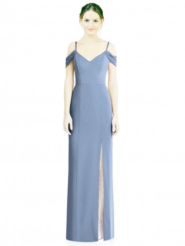 Cold Shoulder Jewel Soft Chiffon Dusty Blue Long Formal Evening Dress Canada for Sale