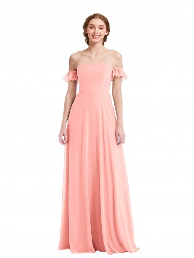 Flutter Sleeves Off the Shoulder Soft Chiffon Salmon Long Semi Formal Evening Dress Canada for Sale