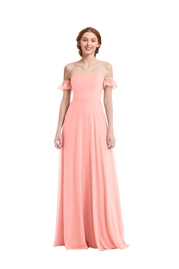 Flutter Sleeves Off the Shoulder Soft Chiffon Salmon Long Semi Formal Evening Dress Canada for Sale
