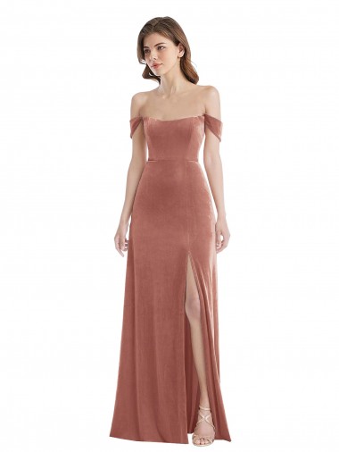 Sleeveless Off the Shoulder Stretch Velvet Cinnamon Rose Long Semi Formal Evening Dress Canada for Sale