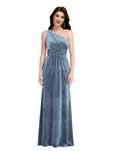 Sleeveless Off the Shoulder Stretch Velvet Dusty Blue Long Evening Dress Canada for Sale