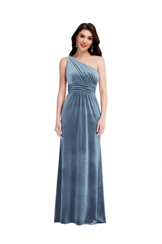 Sleeveless Off the Shoulder Stretch Velvet Dusty Blue Long Evening Dress Canada for Sale