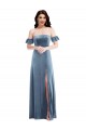 Ruffle Sleeves Off the Shoulder Stretch Velvet Dusty Blue Long Formal Dress Canada for Sale