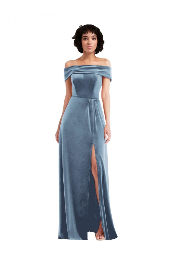 Sleeveless Off the Shoulder Stretch Velvet Dusty Blue Long Semi Formal Evening Dress Canada for Sale