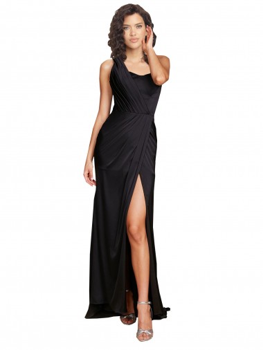 Sleeveless One Shoulder Silky Satin Black Long Evening Dress Canada for Sale
