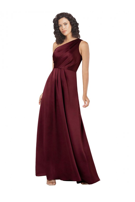 Sleeveless One Shoulder Silky Satin Burgundy Long Formal Evening Dress Canada for Sale