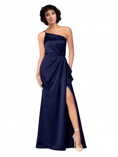Sleeveless One Shoulder Silky Satin Sapphire Long Black Tie Evening Dress Canada for Sale