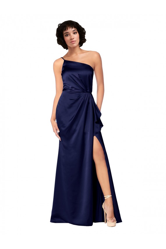 Sleeveless One Shoulder Silky Satin Sapphire Long Black Tie Evening Dress Canada for Sale