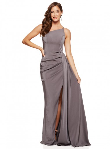 Sleeveless One Shoulder Silky Satin Slate Grey Long Formal Evening Dress Canada for Sale