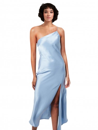 Sleeveless One Shoulder Silky Satin Light Sky Blue Midi Length Formal Evening Dress Canada for Sale