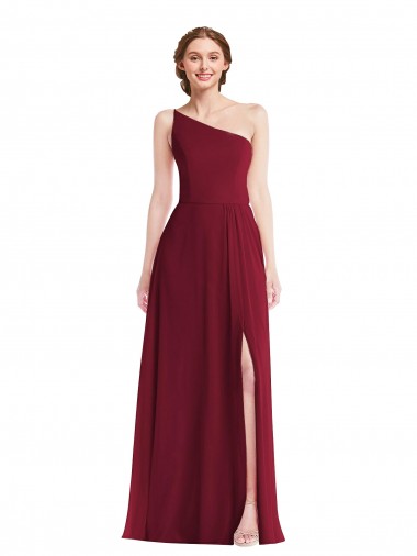 Sleeveless One Shoulder Soft Chiffon Burgundy Long Semi Formal Evening Dress Canada for Sale