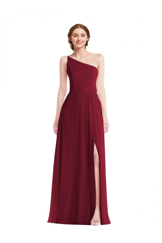 Sleeveless One Shoulder Soft Chiffon Burgundy Long Semi Formal Evening Dress Canada for Sale