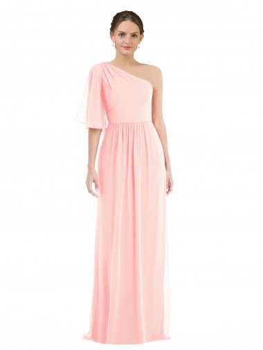 Bell Sleeves One Shoulder Soft Chiffon Pink Long Semi Formal Evening Dress Canada for Sale