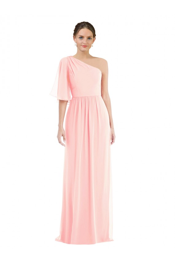 Bell Sleeves One Shoulder Soft Chiffon Pink Long Semi Formal Evening Dress Canada for Sale