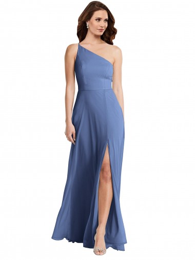 Sleeveless One Shoulder Soft Chiffon Windsor Blue Long Formal Evening Dress Canada for Sale