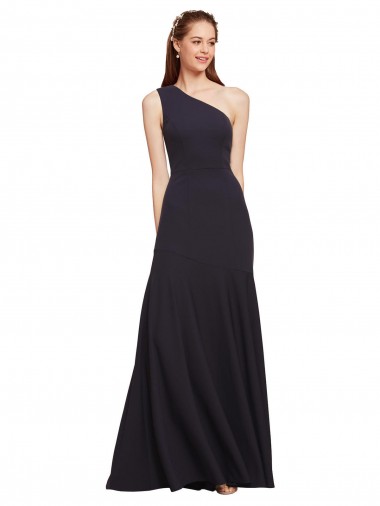 Sleeveless One Shoulder Stretch Crepe Dark Navy A-Line Long Formal Evening Dress Canada for Sale