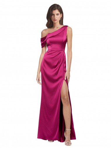 Sleeveless One Shoulder Stretch Satin Fuchsia Long Evening Dress Canada for Sale