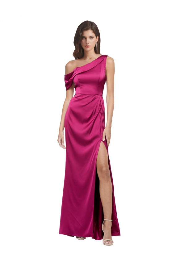 Sleeveless One Shoulder Stretch Satin Fuchsia Long Evening Dress Canada for Sale