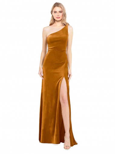 Sleeveless One Shoulder Stretch Velvet Gold Long Formal Evening Dress Canada for Sale