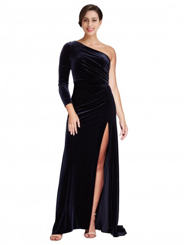 Long Sleeves One Shoulder Stretch Velvet Dark Navy Sweep Train Formal Evening Dress Canada for Sale