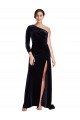 Long Sleeves One Shoulder Stretch Velvet Dark Navy Sweep Train Formal Evening Dress Canada for Sale