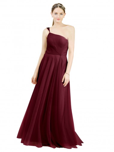 Sleeveless One Shoulder Tulle Burgundy Long Semi Formal Evening Dress Canada for Sale