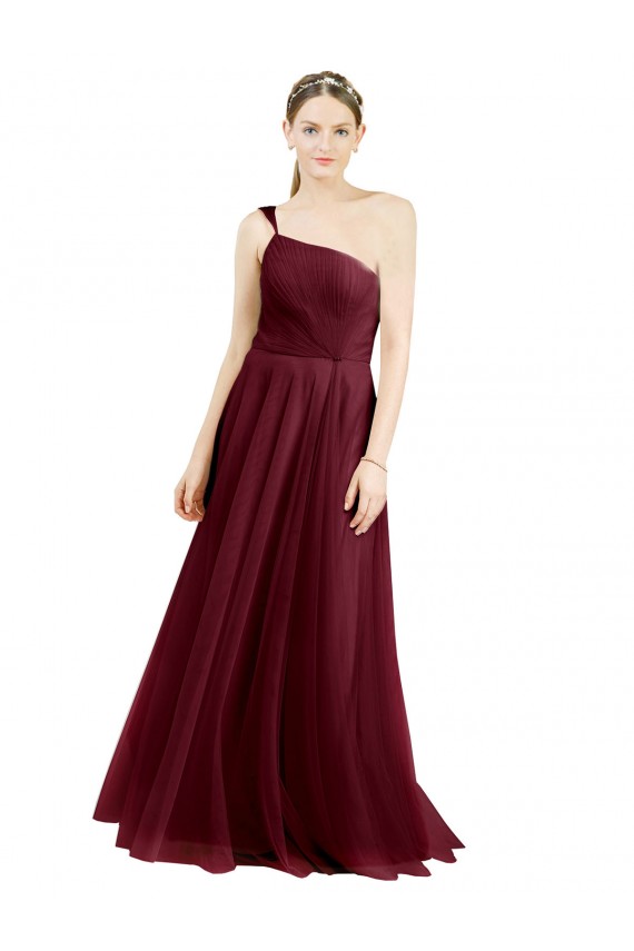 Sleeveless One Shoulder Tulle Burgundy Long Semi Formal Evening Dress Canada for Sale