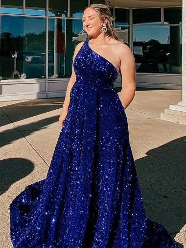 Sleeveless One Shoulder Velvet Sequin Royal Blue Sweep Train Evening Dress Canada for Sale