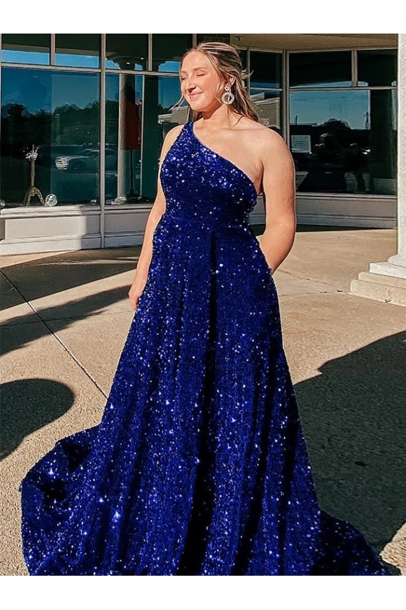 Sleeveless One Shoulder Velvet Sequin Royal Blue Sweep Train Evening Dress Canada for Sale