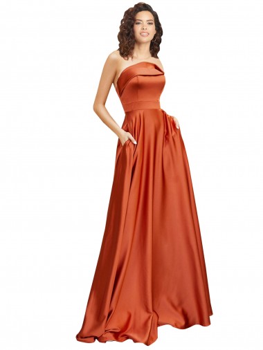 Sleeveless Round Neck Silky Satin Burnt Orange Sweep Train Formal Evening Dress Canada for Sale