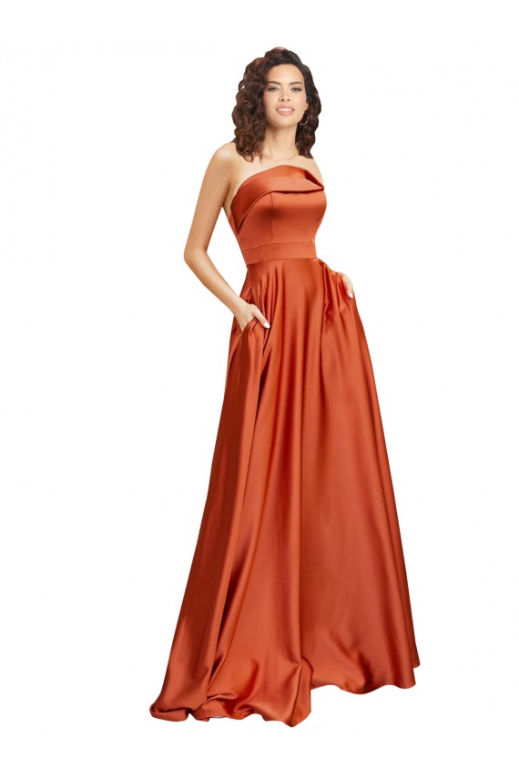 Sleeveless Round Neck Silky Satin Burnt Orange Sweep Train Formal Evening Dress Canada for Sale