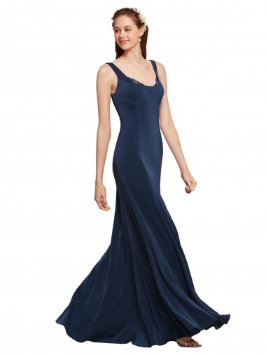 Sleeveless Round Neck Stretch Crepe Dark Navy Long Evening Dress Canada for Sale