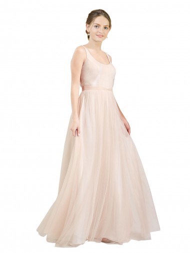 Sleeveless Scoop Neck Tulle Pink Long Semi Formal Evening Dress Canada for Sale