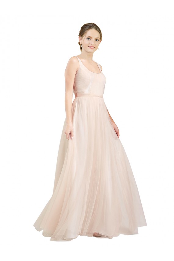 Sleeveless Scoop Neck Tulle Pink Long Semi Formal Evening Dress Canada for Sale