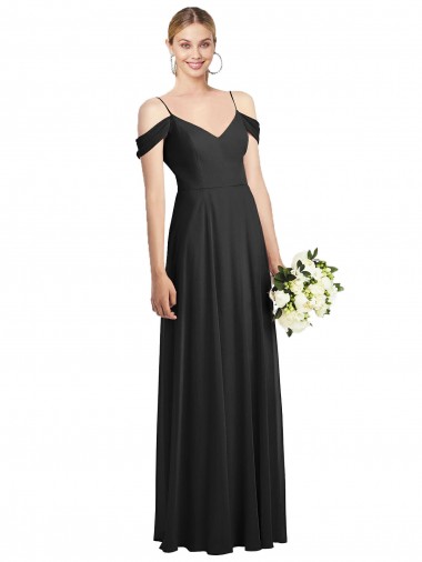 Cold Shoulder Spaghetti Straps Soft Chiffon Black Long Semi Formal Evening Dress Canada for Sale