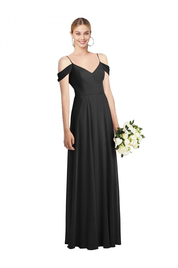 Cold Shoulder Spaghetti Straps Soft Chiffon Black Long Semi Formal Evening Dress Canada for Sale