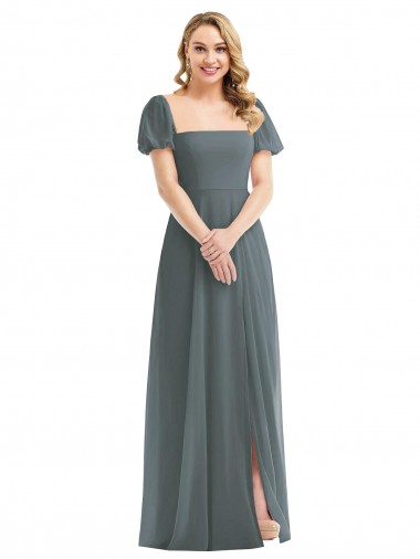 Puff Sleeves Square Neck Soft Chiffon Slate Grey Long Semi Formal Evening Dress Canada for Sale