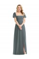 Puff Sleeves Square Neck Soft Chiffon Slate Grey Long Semi Formal Evening Dress Canada for Sale