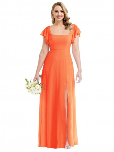 Flutter Sleeves Square Neck Soft Chiffon Tangerine Tango Long Semi Formal Evening Dress Canada for Sale