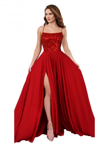 Sleeveless Square Neck Spandex & Lace Red Long Semi Formal Evening Dress Canada for Sale