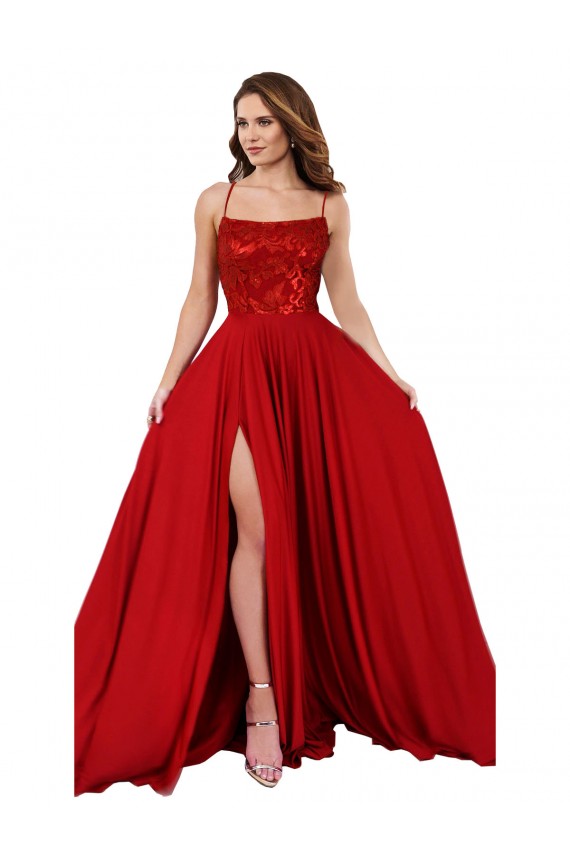 Sleeveless Square Neck Spandex & Lace Red Long Semi Formal Evening Dress Canada for Sale