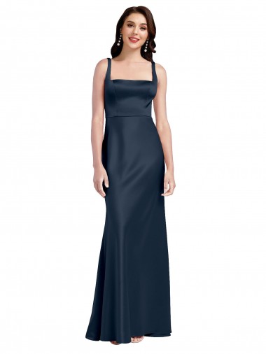 Sleeveless Square Neck Stretch Satin Dark Navy Long Formal Evening Dress Canada for Sale