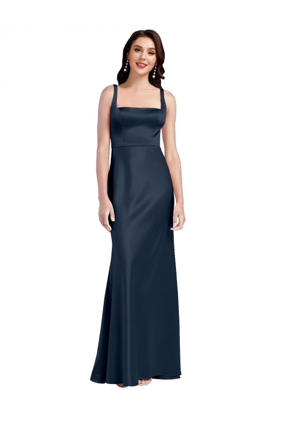 Sleeveless Square Neck Stretch Satin Dark Navy Long Formal Evening Dress Canada for Sale