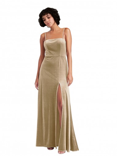 Sleeveless Square Neck Stretch Velvet Champagne Long Formal Evening Dress Canada for Sale