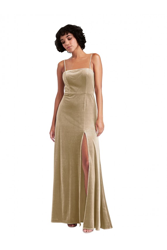 Sleeveless Square Neck Stretch Velvet Champagne Long Formal Evening Dress Canada for Sale