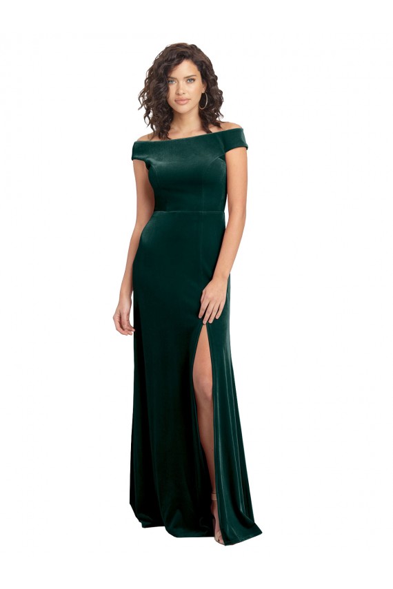Cap Sleeves Square Neck Stretch Velvet Dark Green Long Formal Evening Dress Canada for Sale