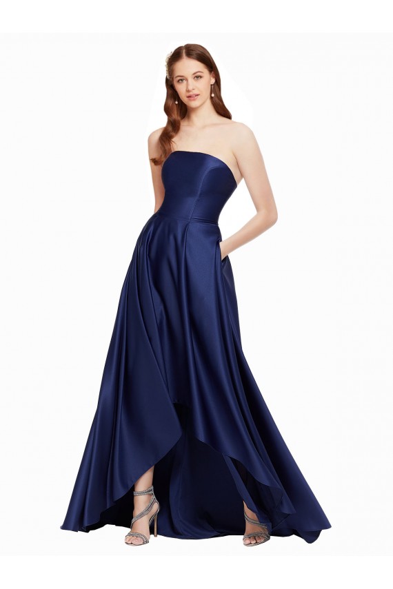 Sleeveless Strapless Satin Dark Navy Long High Low Evening Dress Canada for Sale