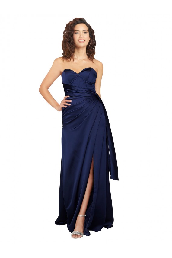 Sleeveless Strapless Silky Satin Sapphire Long Formal Evening Dress Canada for Sale