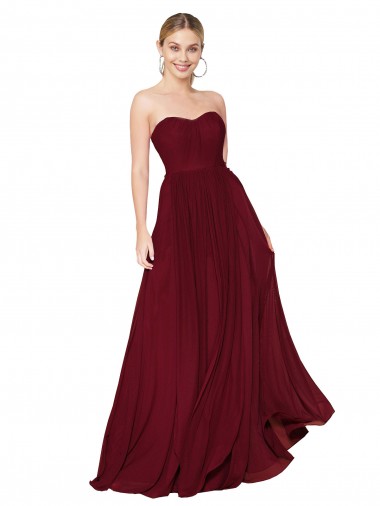 Sleeveless Strapless Soft Chiffon Burgundy Long Formal Evening Dress Canada for Sale