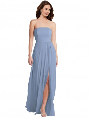 Sleeveless Strapless Soft Chiffon Dusty Blue Long Semi Formal Evening Dress Canada for Sale